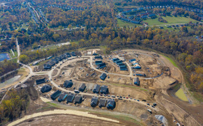 Drone shot of a under construction southpointe community from Traditions of America