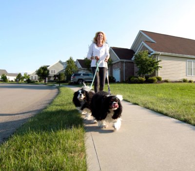 Active Adult Community Resident walking two dogs