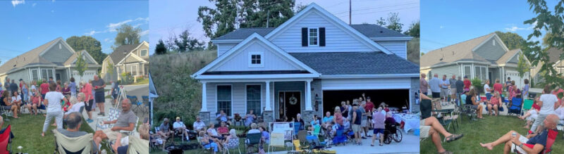 Collage of people having a block party on a front lawn