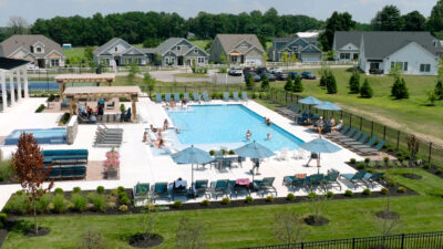 Pool and spa area in the Chesterfield community behind the clubhouse