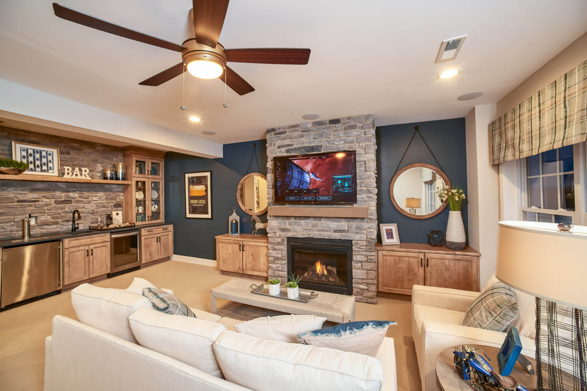 rec room with fireplace