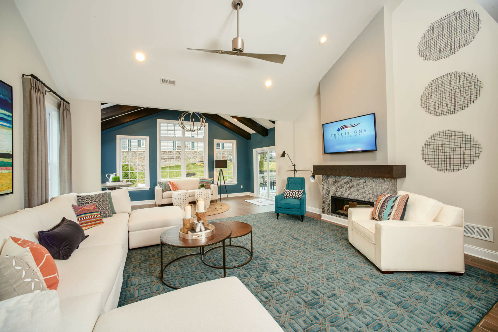 Betsy Ross modern living room with teal accents