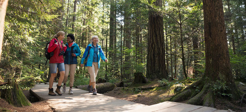 Pinnacle at Adams - Women hiking on footbridge below trees in woods