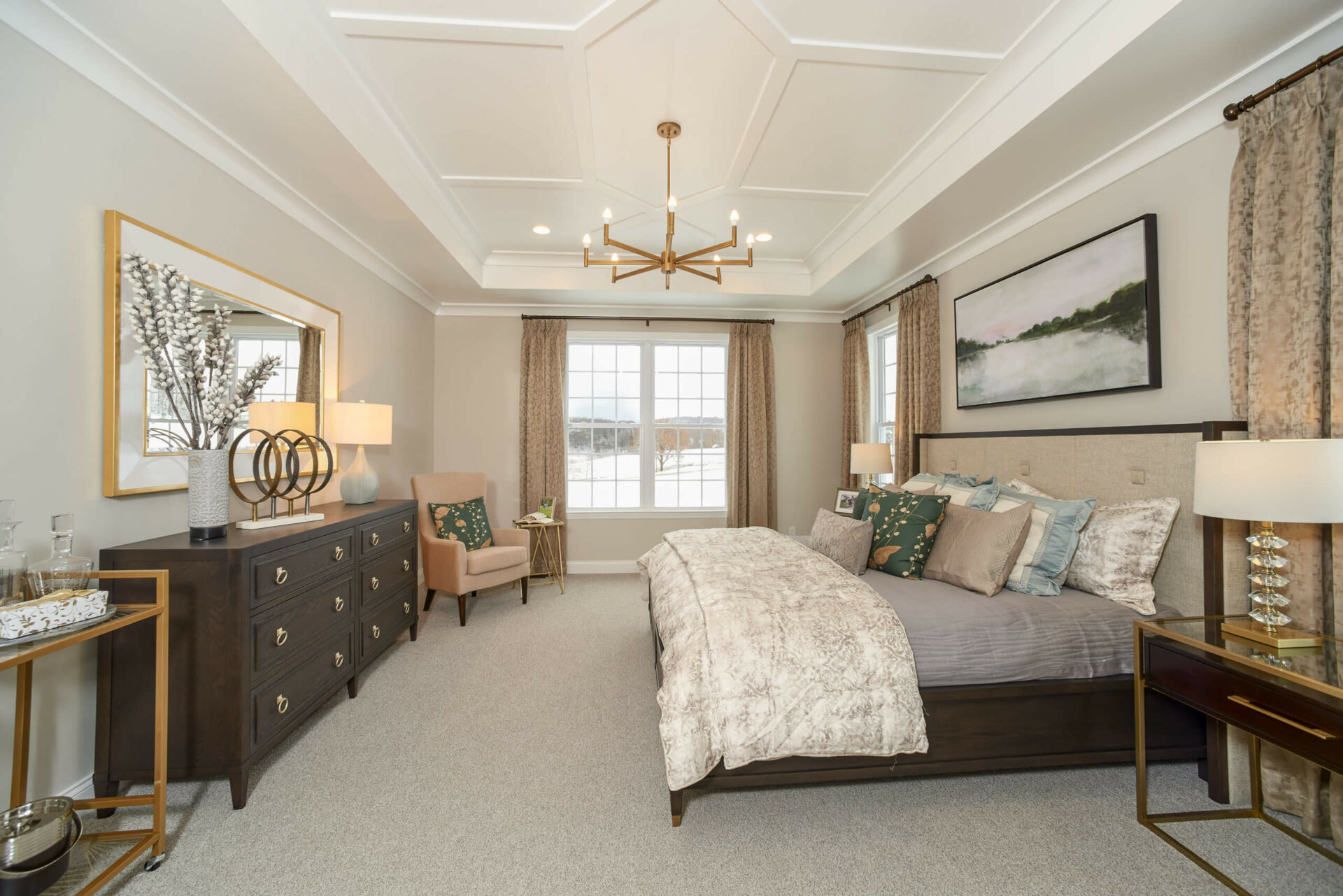 The tailored look is smartly and seamlessly woven into every room and works nicely in the Master Bedroom in the Hancock Model at Traditions of America