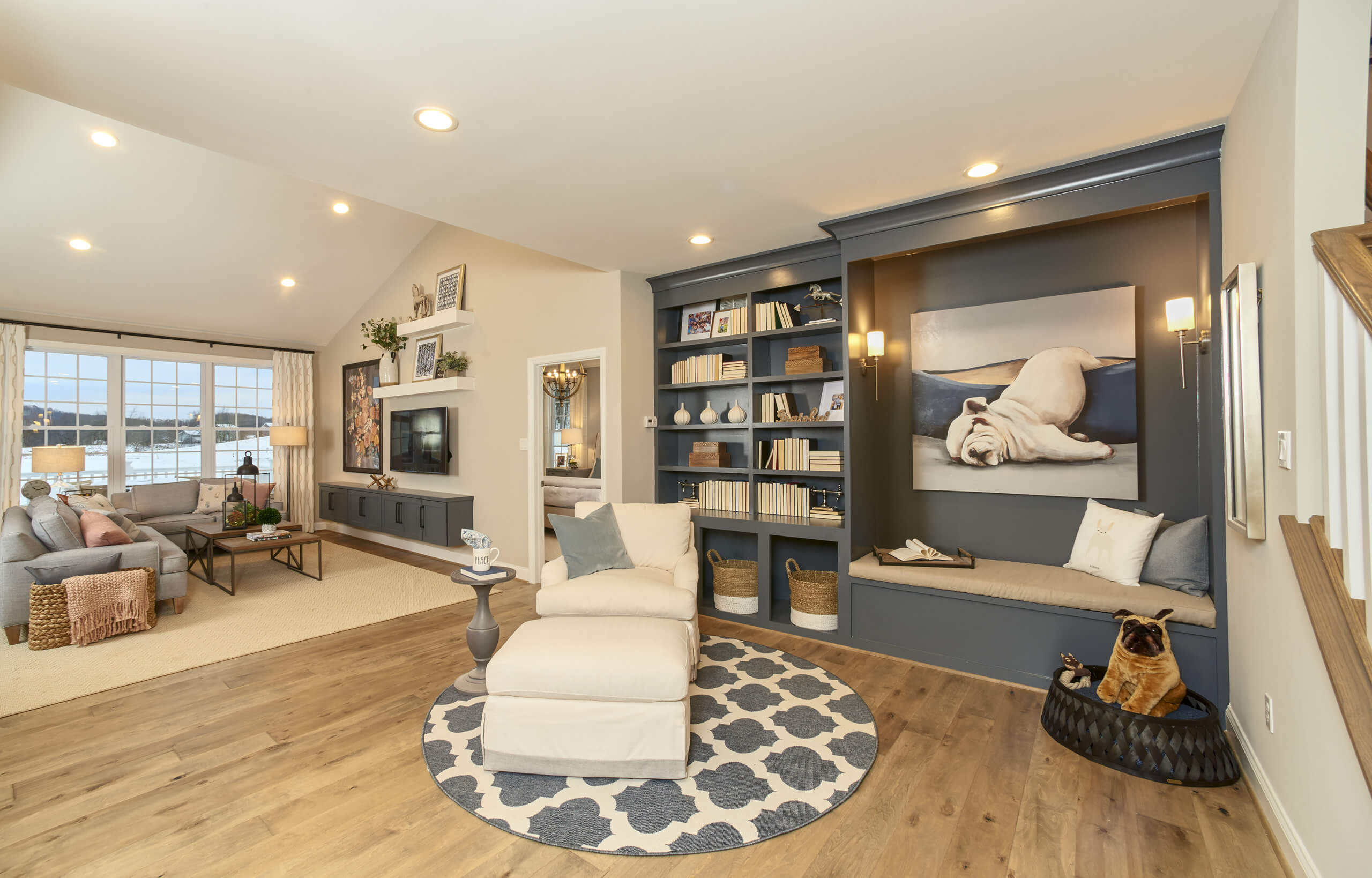 living room with shelves