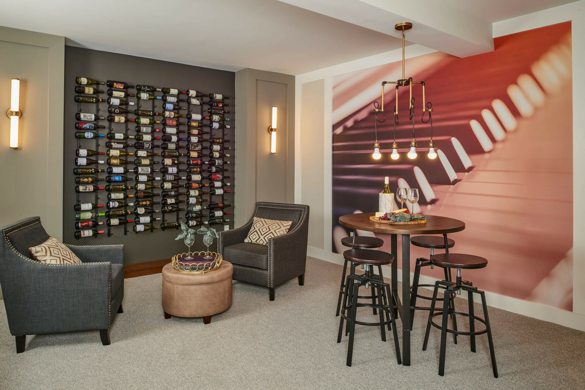 The finished lower level of the Hancock Model features an eclectic wine cellar and more