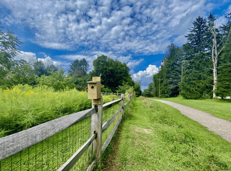 Community Trail with nice fence and bird feeders on a clear day